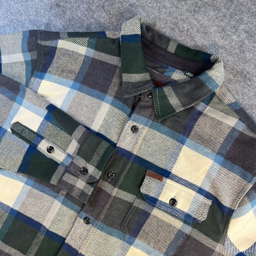 Orvis Mens Flannel Shirt Blue Green Plaid Outdoor Cabin‎ Core XL Heavy Cotton